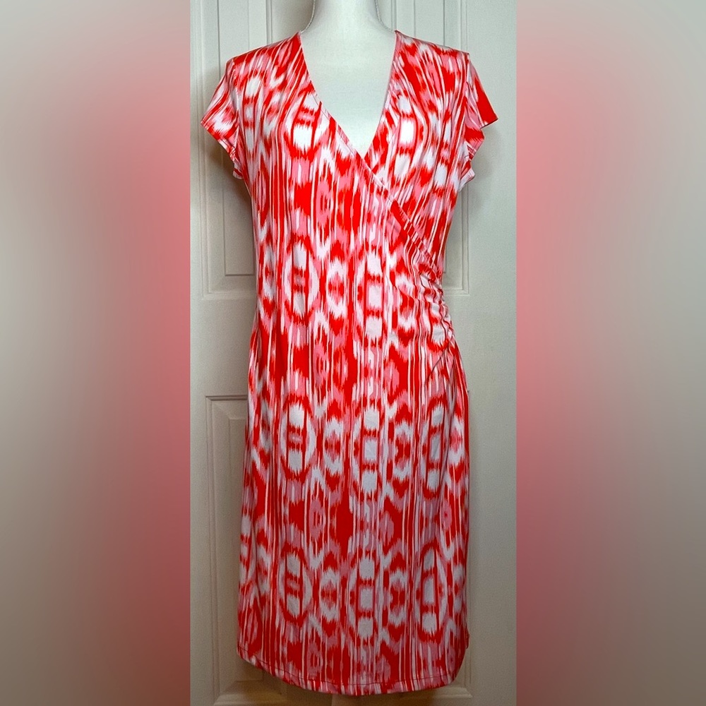Jones New York Signature Madarin Orange Combo Cap Sleeve Faux wrap dress…